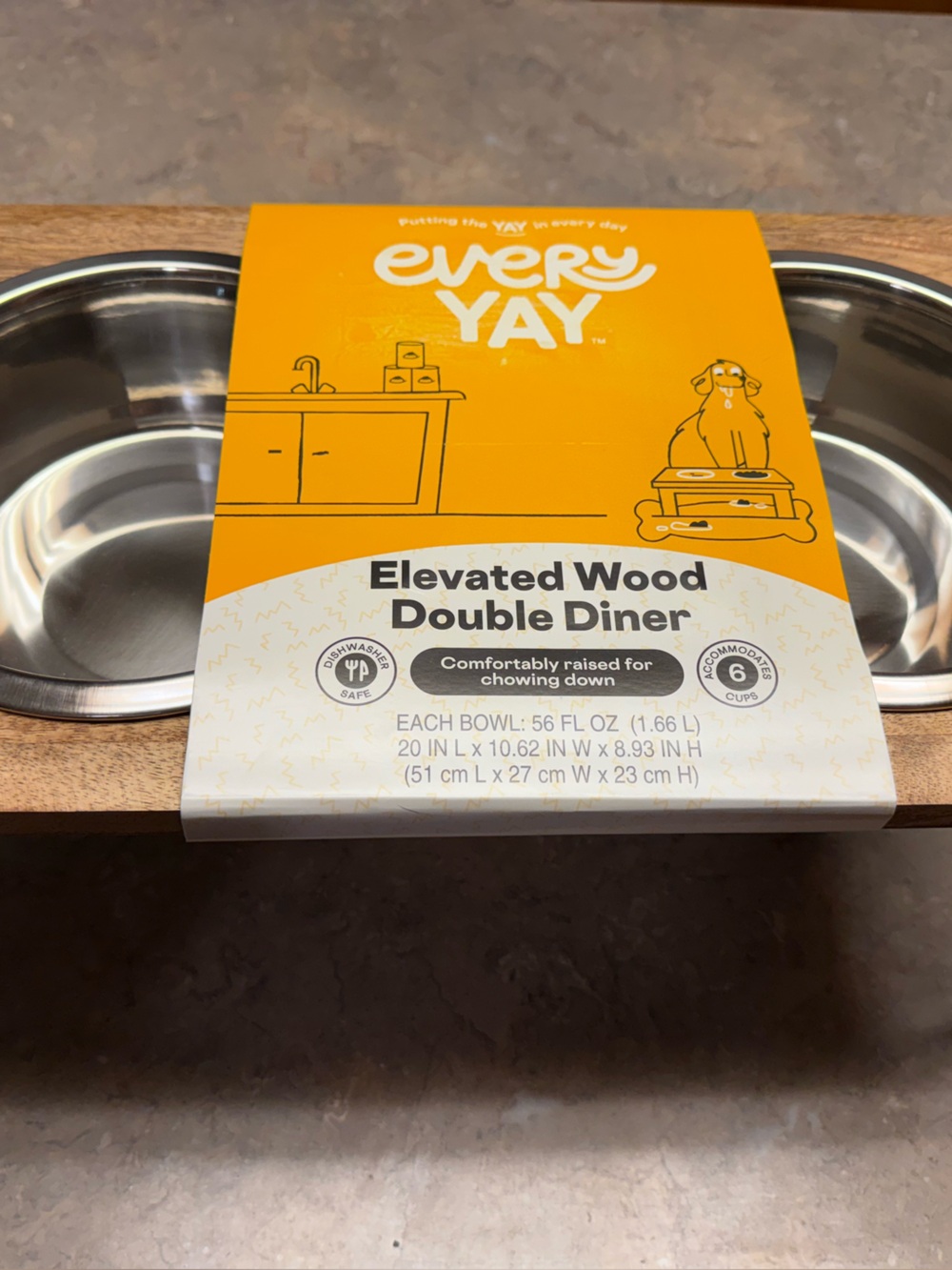 Elevated Wood Double Diner with Stainless Bowls - Brown